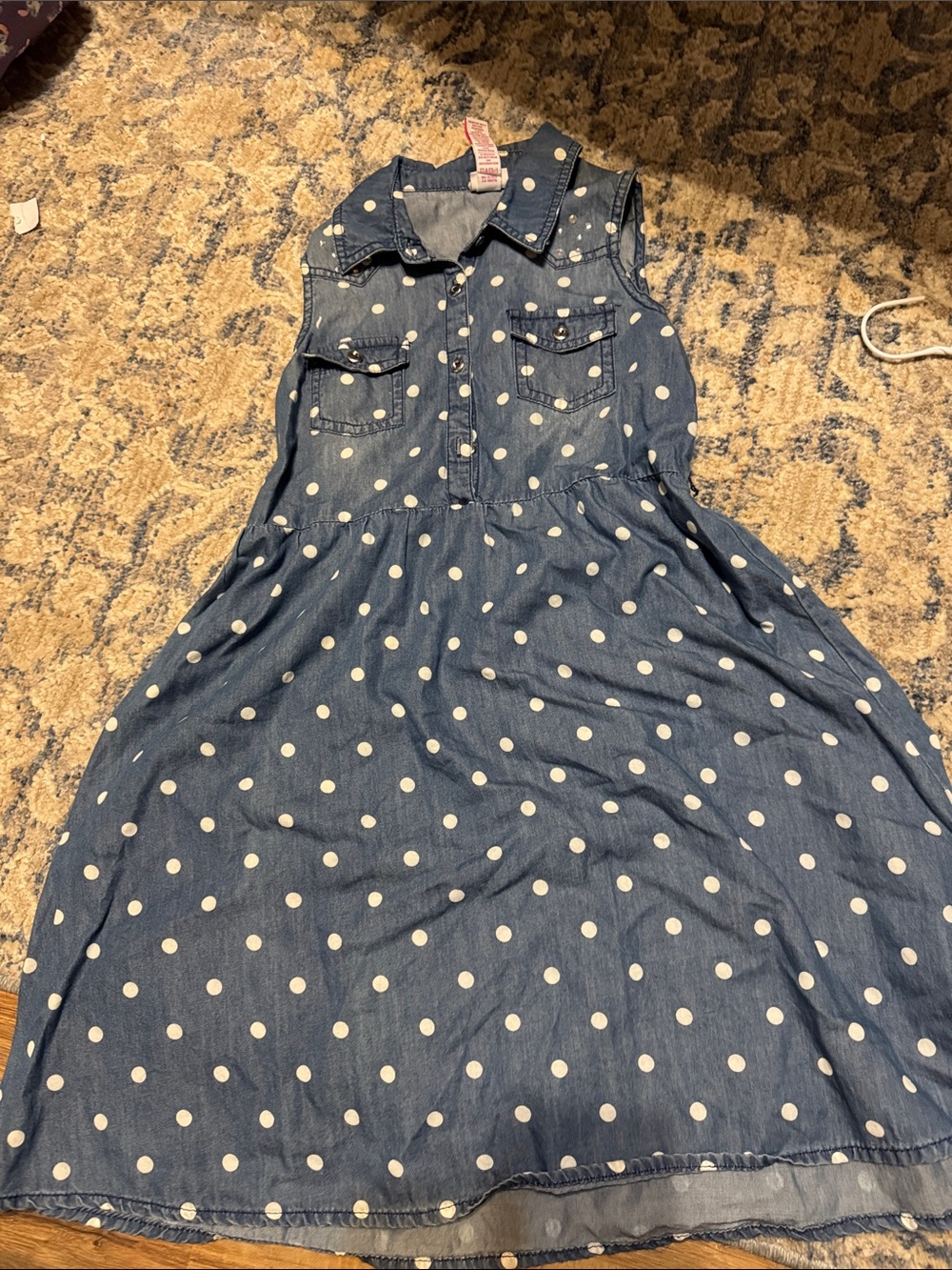 Sleeveless Denim Polka Dot Shirt Dress - White Dots on Blue